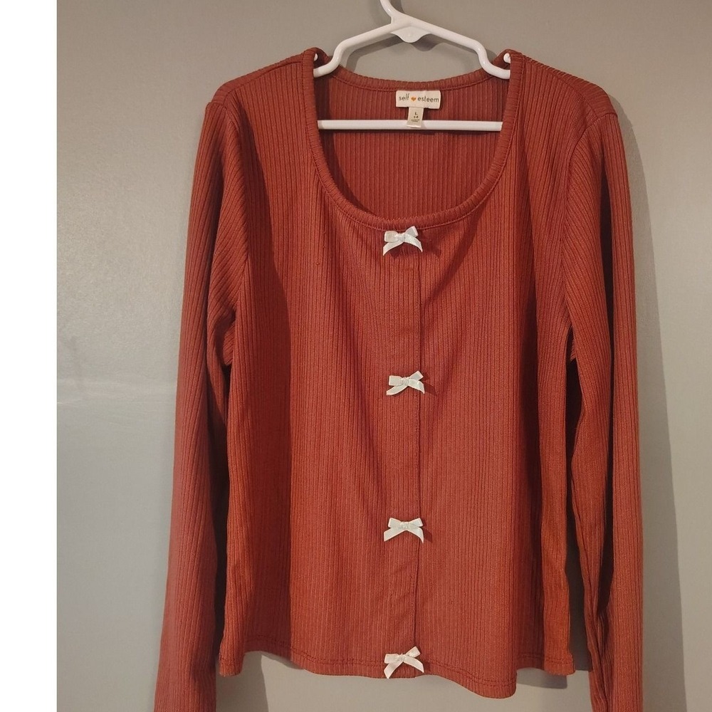 Self Esteem Girls Rust Orange Ribbed Long Sleeve Bow Front Top Size L 14